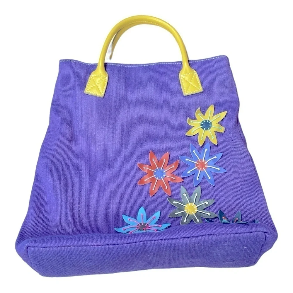 Jute and leather Purple tote bag with leather handle and flowers